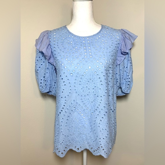 English Factory Women Eyelet Short Puff Sleeve Ruffle Top Baby Blue Size Small. - Picture 1 of 5